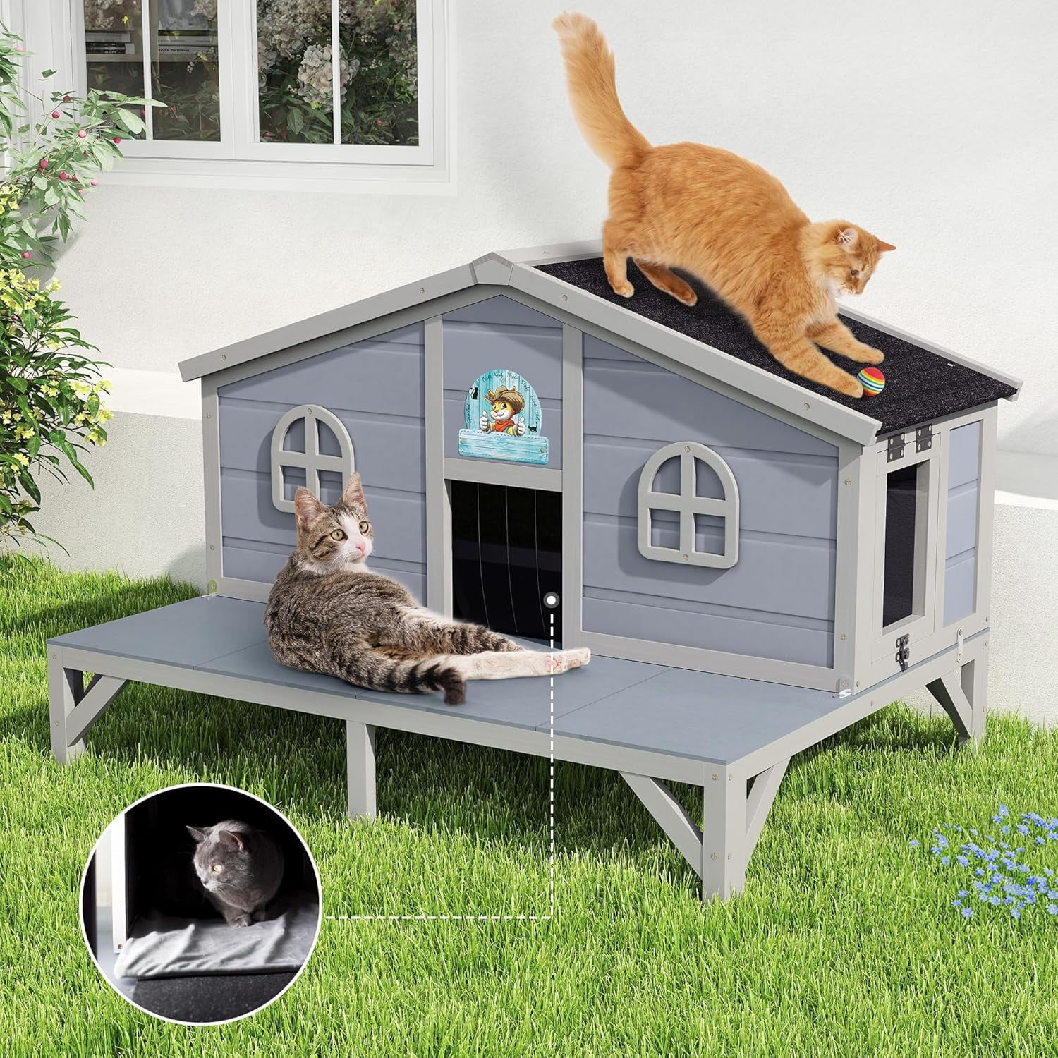 Outdoor Feral Cat House, Large Wooden Outside Cat Shelter with Balcony, Sloped Weathproof Roof, Elevated Legs, Escape Doors, Grey
