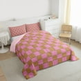 thumbnail image 3 of jejeloiu Abstract Geometric Grid Full Size Comforter Sets,Checkered Plaid Pattern Bedding Comforter Set,Pink Brown Check Bedding Sets For Girls Kids,Microfiber Bedroom Decor Reversible,3pcs, 3 of 8