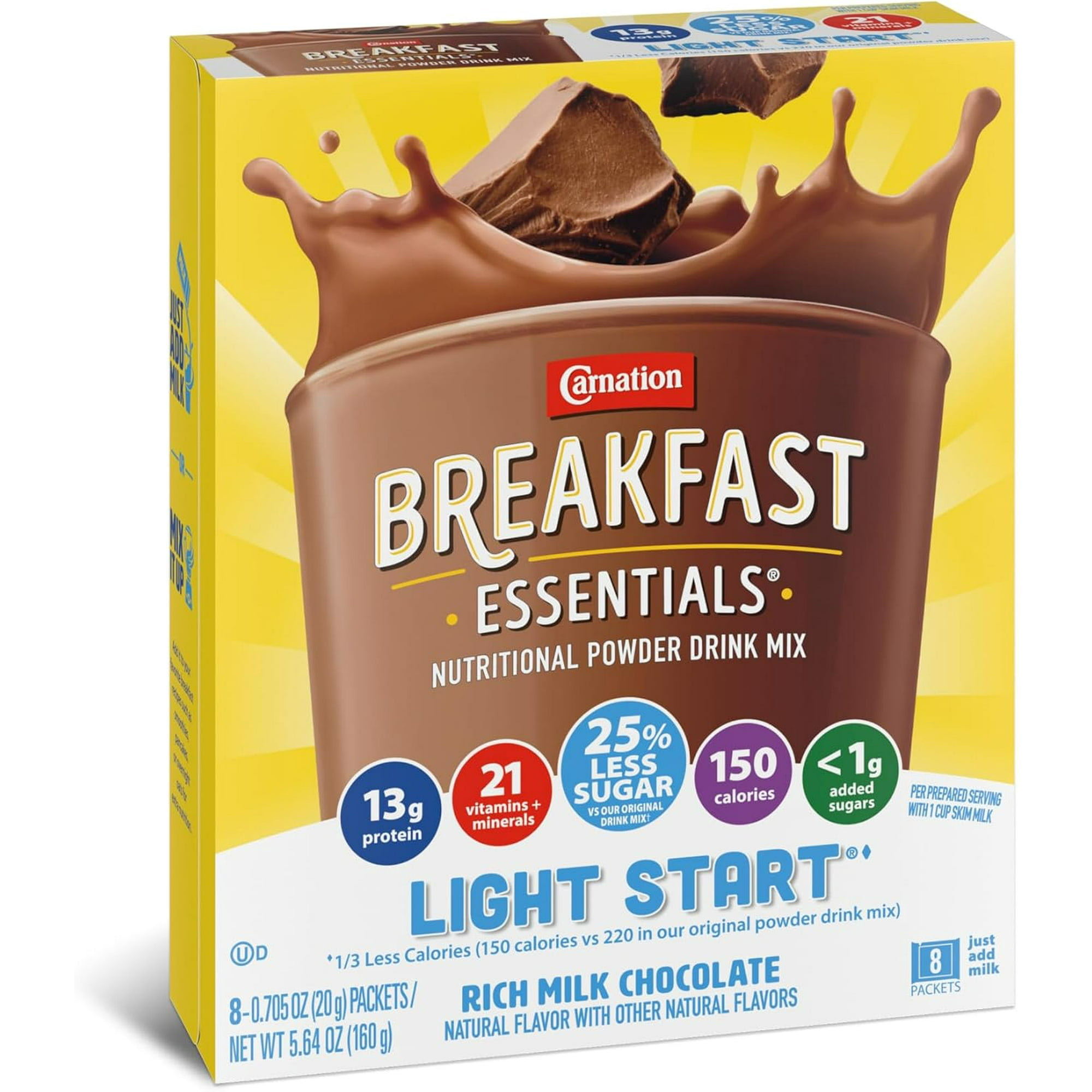 Breakfast Essentials Instant Complete Nutritional Drink, No Sugar Added Chocolate (Pack of 8)