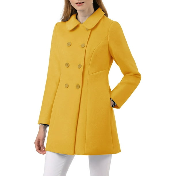 Allegra K Junior S Turn Down Collar Double Ted Mid Length Pea Coat Com Mid Length Pea Coat, Womens Mustard Pea Coat