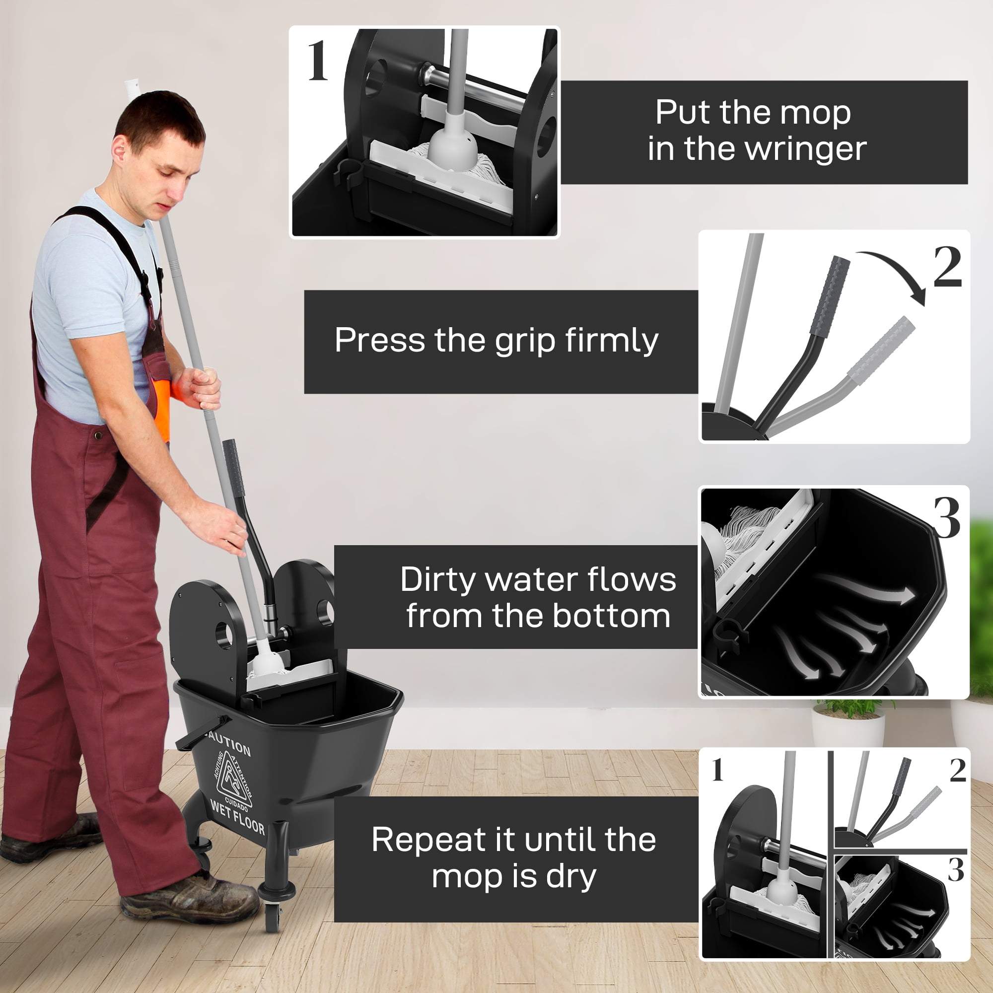 HOMCOM Mop Bucket with Wringer on Wheels for Floor Cleaning, 27.5 Quart Down Press Wringer with Handle and Mop, Black
