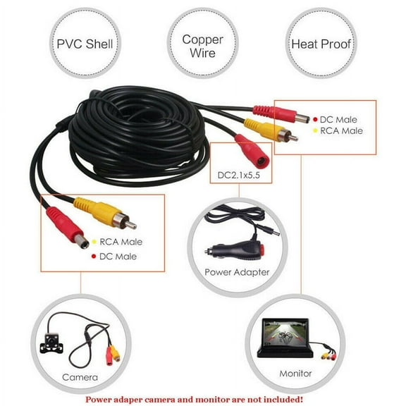 7M Car Truck RCA Power Audio Video AV Cable Extension Wire For Reversing Camera