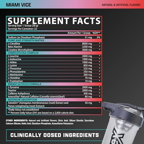 Nutrex Research Outlift Clinically Dosed Pre Workout Powder with Creatine, 8G Citrulline, BCAA - Energy, Performance, Pump Preworkout Supplement for Men & Women (22 Servings, Miami Vice)