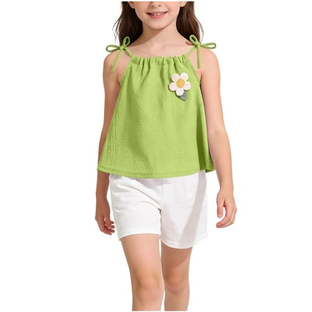 Lopeceal Cute Outfits For Girls Stereoscopic Flower Drawstring Tie Shoulder Crew Neck Camisole with Shorts Casual Summer 0-8Y
