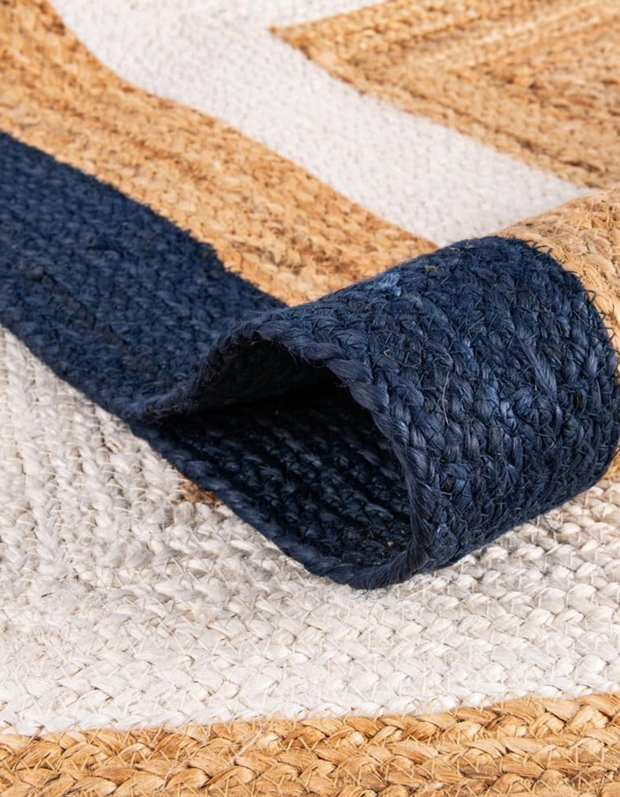 7x11Ft Beige | Navy Blue & White Jute Area Rug | Handmade | Solid Farmhouse Design | Natural Jute Rug for Living Room | Dining Room | Bedroom | Kitchen | Hallway | Entryway