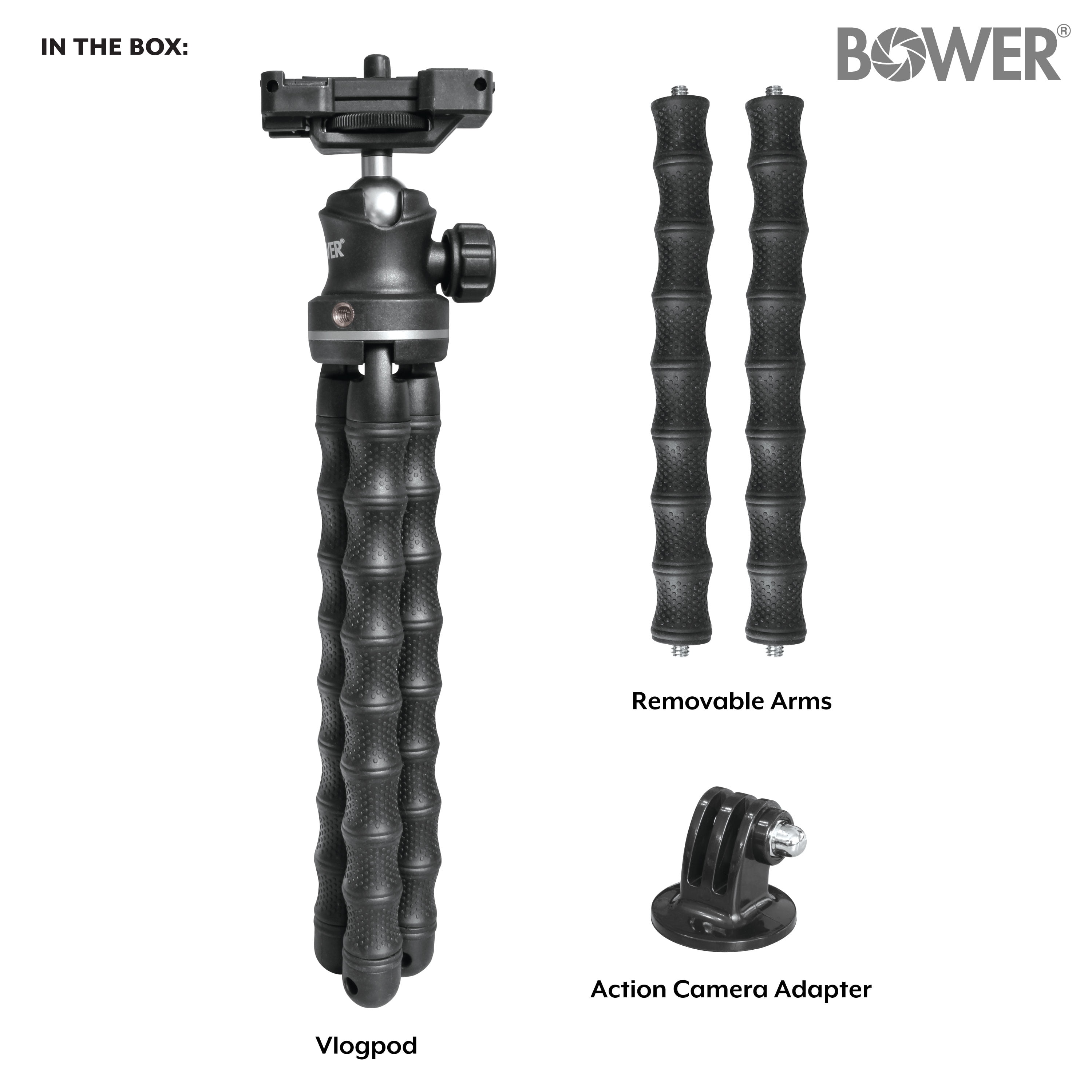 Bower 14- inch Grappling Vlogging Flexible Tripod with Ball Head for Content Creation; Black, ACCESSORY