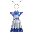 thumbnail image 4 of XIAOCHA Girls Halloween Alien Theme Mini Dress Flutter Sleeve Fit Flare Silhouette Party Short Dress, 4 of 6