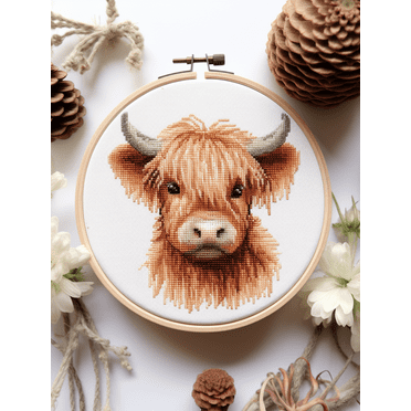 HIghland Cattle Baby DIY Stamped Cross Stitch Kits for Beginners Easy with Hoop 11CT Needlepoint Embroidery Counted Cross Stitch Kits Art Craft Wall Decoration 30x30cm(1)