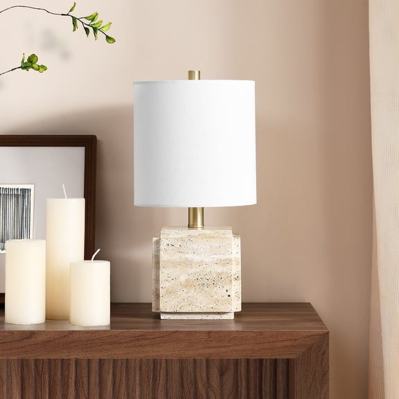 Pacha 16" Tall Stone Table Lamp with Fabric Shade in Natural Travertine