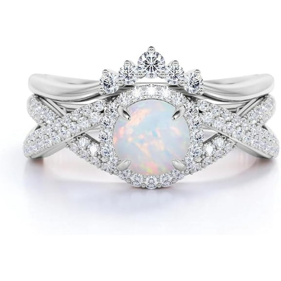 beryl_creation 925 Sterling Silver 3.00 Ct Round Cut Opal & Diamond Wedding Anniversary Christmas Bridal Ring Set 14K White Gold Plated For Women's -4