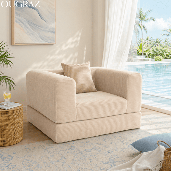 OUGRAZ 44.1" 2-in-1 Convertible Sofa Bed, Soft Ribbed Corduroy Lounge Sofa with Wide Armrests, Fold-Out Sleeper Cushion and Matching Pillow, Low-Profile Deep Seat Couch for Living Room, Bedroom