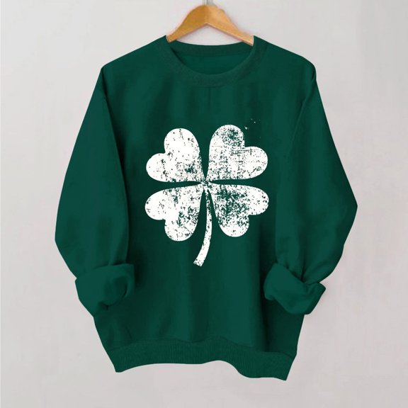 Girls St. Patrick's Day Sweatshirt with Lucky Shamrock Print, 100% Cotton Oversized Crewneck, Forest Green Holiday Shirt for Kids & Kidss,Size 9-10T