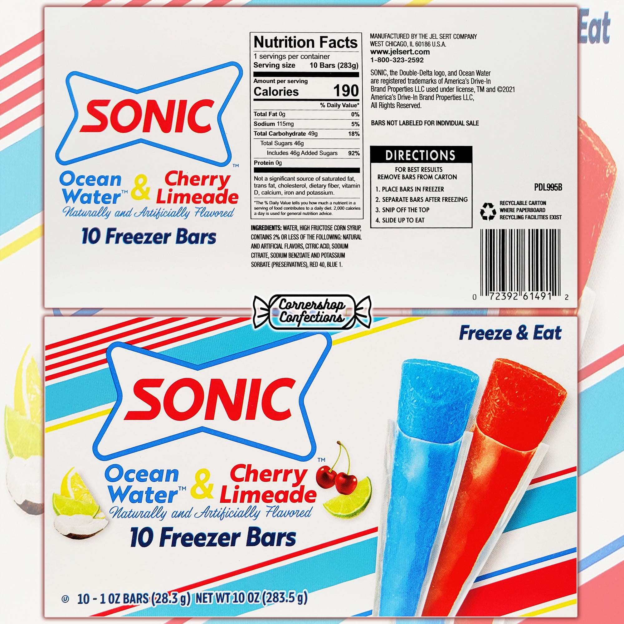 Sonic Freezer Pops 60 Count Assorted Variety Pack - 6 Boxes of 10 Pops Each - Ocean Water and Cherry Limeade - Summer, 4th of July, Sports, Cooler Snack in Cornershop Confections Pack