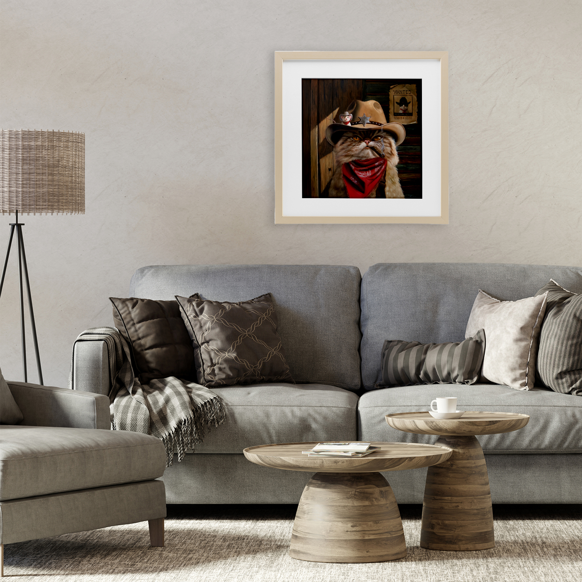 Deputy Purrkins Cat Sheriff Birch Framed Print Under Glass, design by Lucia Heffernan