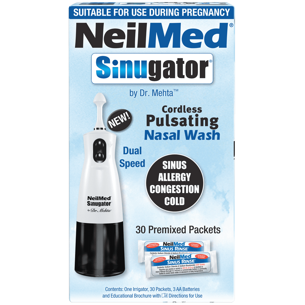 NeilMed Sinugator Cordless Pulsating Nasal Irrigator (Dual Speed) with 30 Premixed Packets and 3 AA Batteries - Black