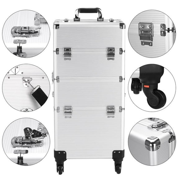 Zimtown Makeup Train Case, 3-in-1 Rolling Large Makeup Case Organizers, Professional Cosmetic Case for Salon Barber, Makeup Storage Box, Silver