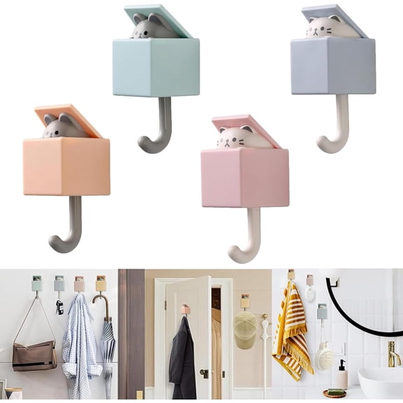 4PCS Cute Pet Cat Adhesive Wall Hooks - Heavy Duty (For Coat, Scarf, Towel, Key, Room Decor)