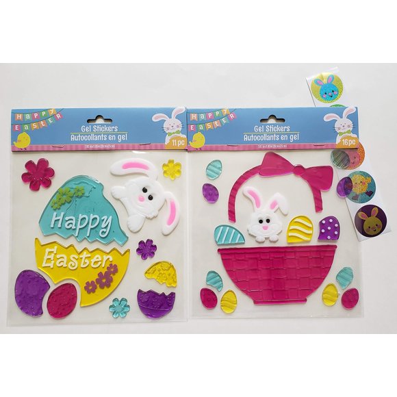 Spring Easter Window Gel Clings Happy Easter Bunny and Bunny in a Basket with Eggs - 27 pieces