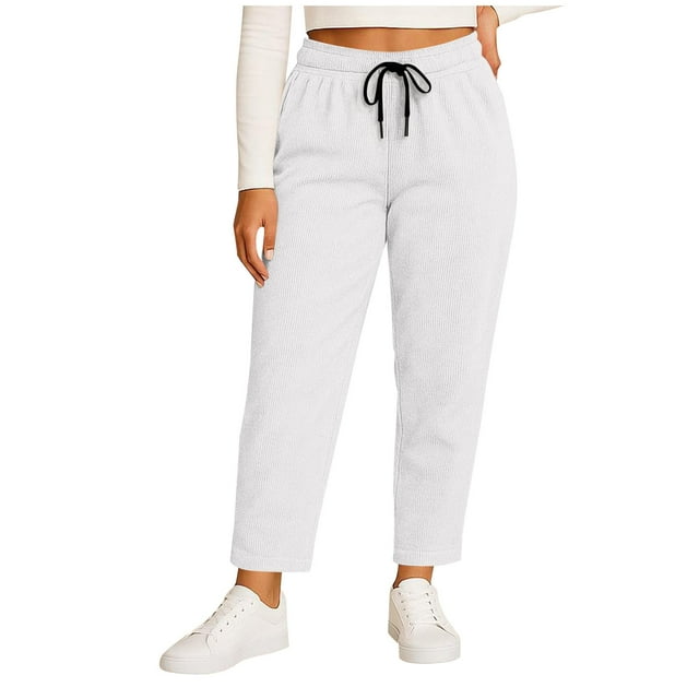 HongQid Womens Plus Size Wide Leg Corduroy Pants Elastic Waisted Casual Sweatpants Adjustable Drawstring Trousers with Pockets