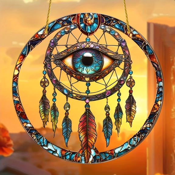 Bohemian Style Evil Eye Sun Catcher Pendant, Stained Glass Acrylic Hanging Ornament for Window, Garden, and Home Decor, Protective Symbol