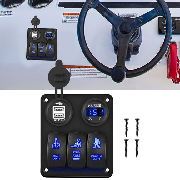 Waywe 3 Gang Rocker Switch Panel USB Charger LED Voltmeter Sasquatch Lights Wench Power Rear Lights Switch On Off Toggle Switch Panel for 12V Cars Trucks Boats