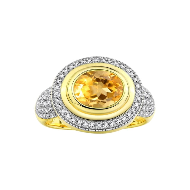 RYLOS Rings for Women 14K Gold Plated Silver Ring Classic 9X7MM Oval Gemstone & Diamonds November Citrine Jewelry Size 9