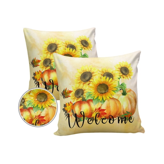 Pack of 2 Outdoor Pillow Covers, Welcome Thanksgiving Pumpkin Fall Sunflower Waterproof Square Throw Pillowcase Cushion Decorative Pillow Covers for Couch Patio Tent, 18x18 in