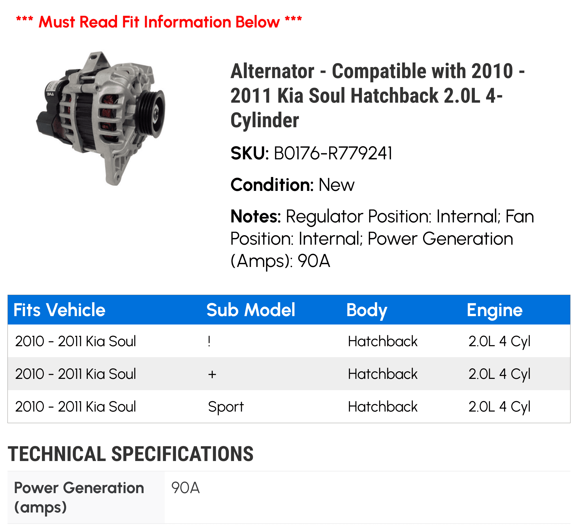 Alternator - Compatible with 2010 - 2011 Kia Soul Hatchback 2.0L 4-Cylinder