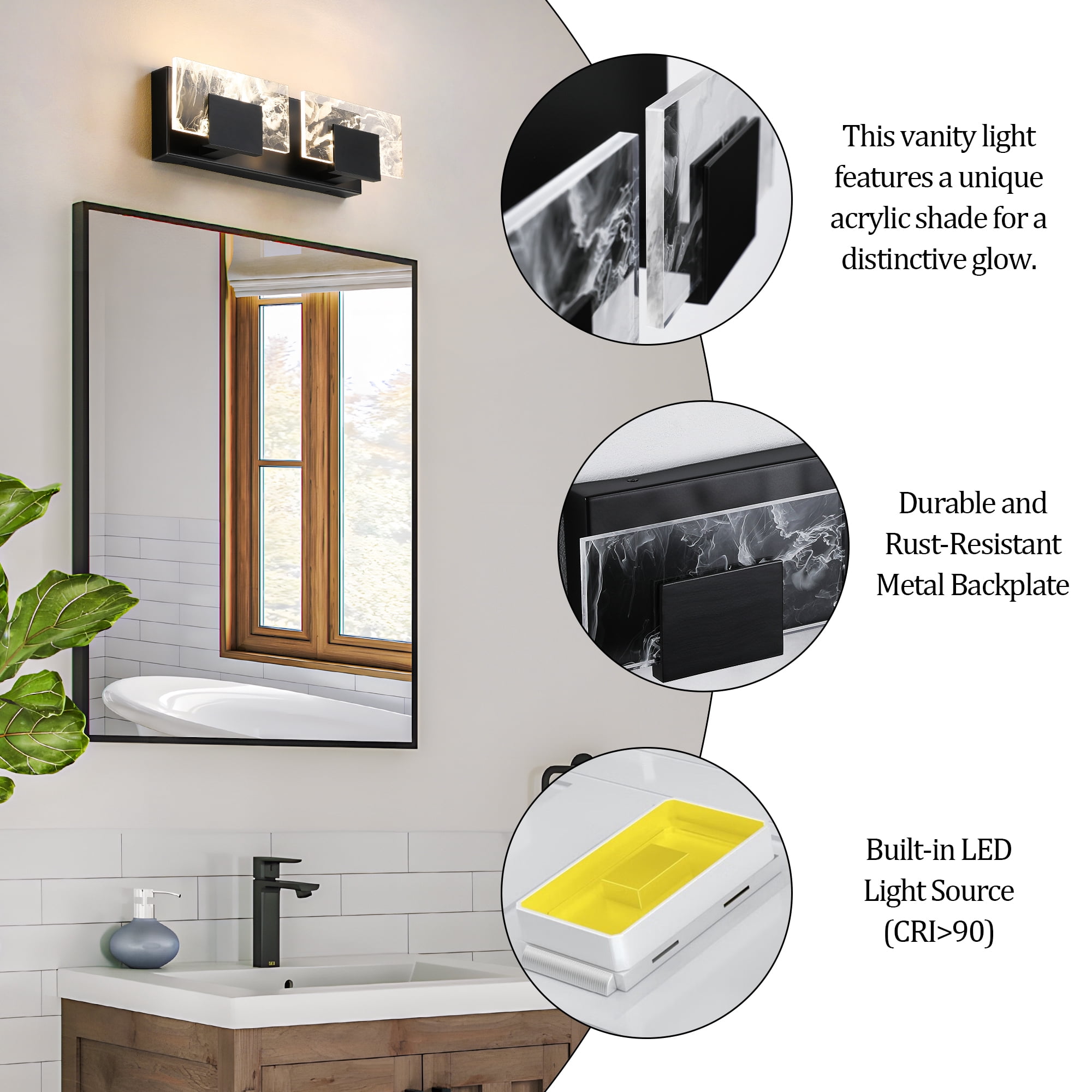 LED Bathroom Vanity Light 2-Light Matte Black Acrylic Modern Lighting Fixtures Smoke Design 3000K Wall Lights Fixture Over Mirror