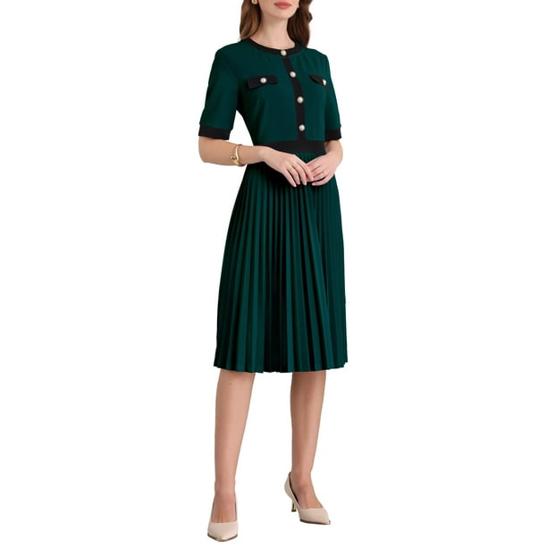 Vestido de manga corta plisado para mujer 2025 tendencia color de contraste vestido midi A-line casual de trabajo 2XL verde lago