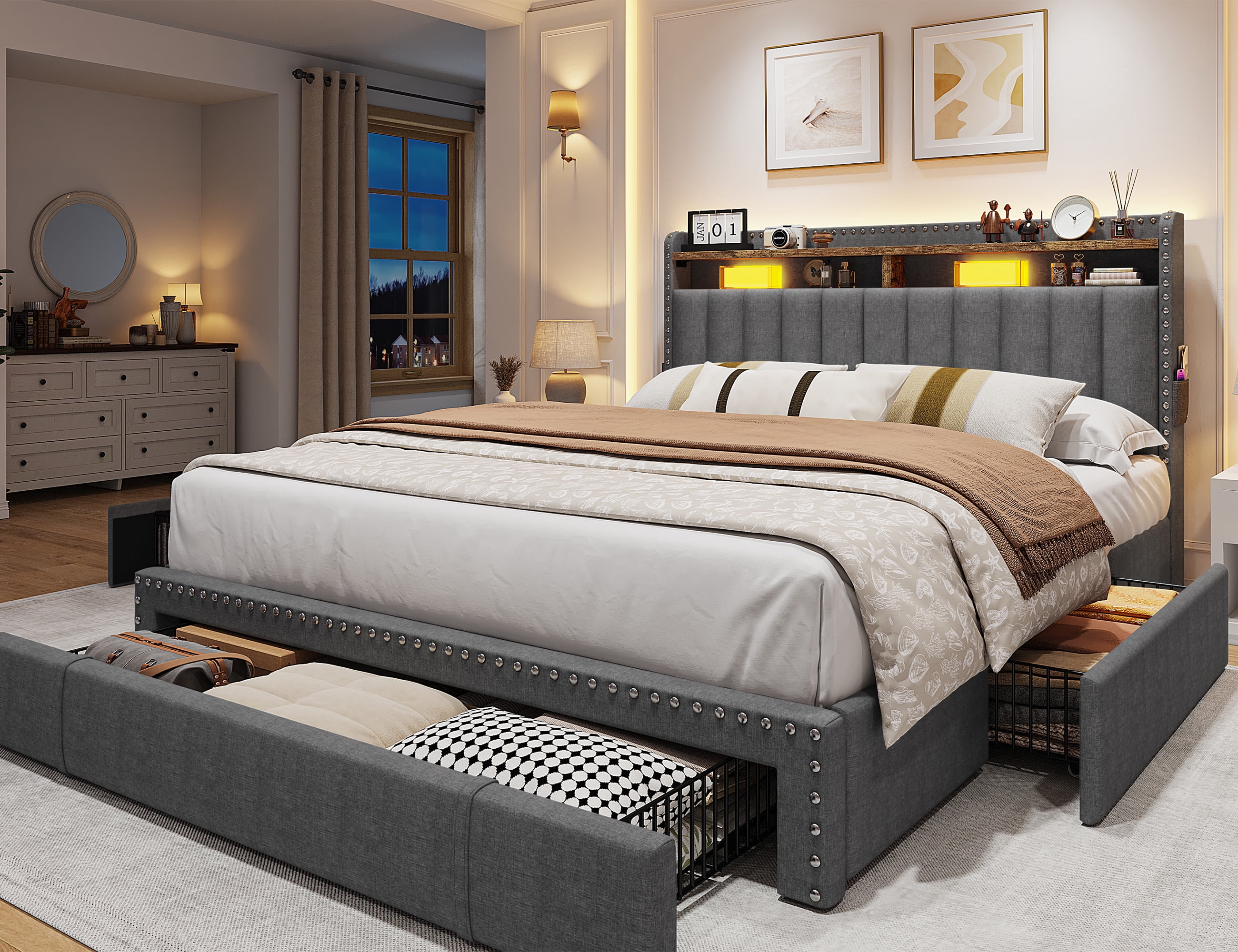 Full Size Bed Frame with 3 Storage Drawers Upholstered Bed Frame with 2-Tier Shelf Bed Frame with Headboard & Side Pockets,Gray