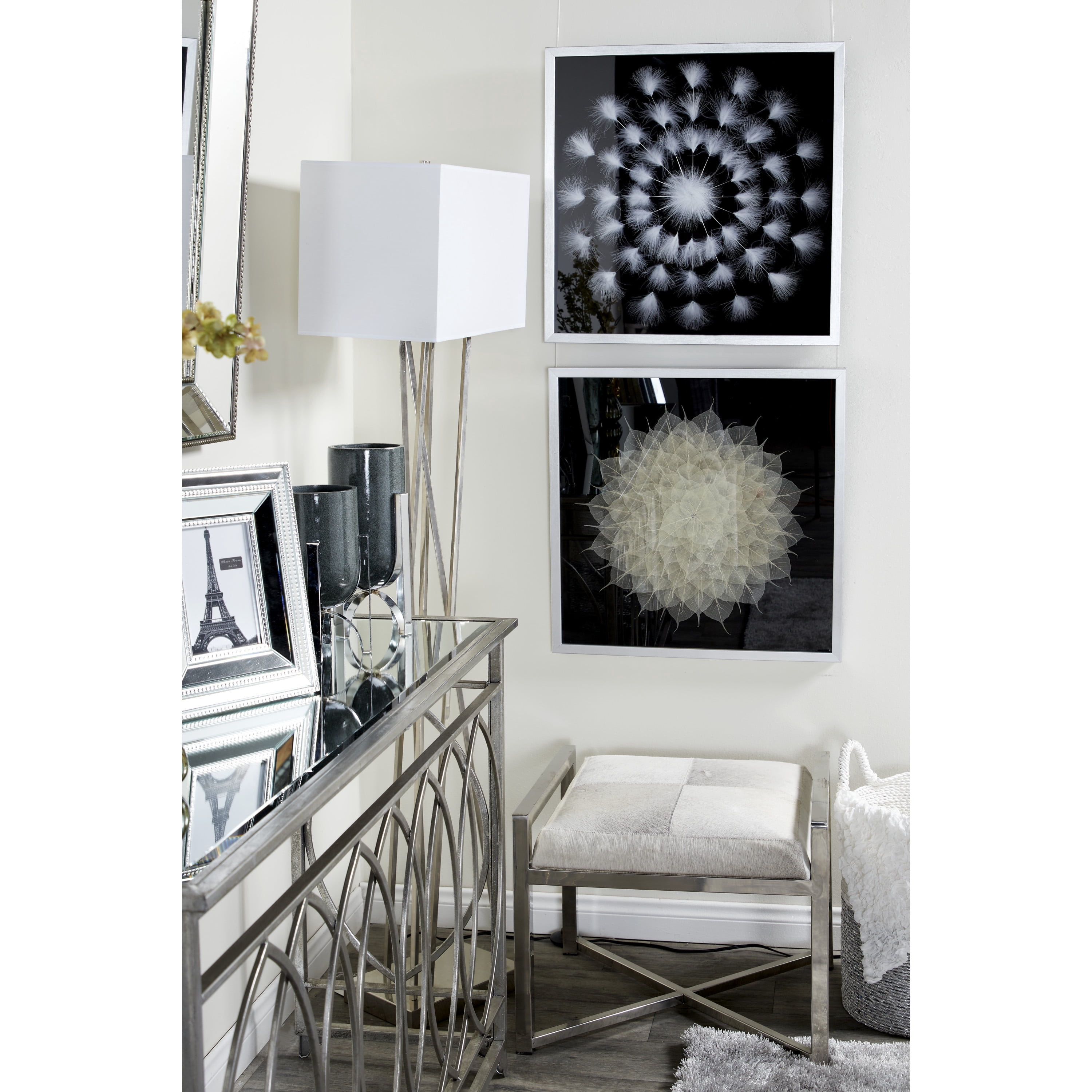 DecMode Polystone Natural White Feather Wall Décor Shadow Box, 24"W x 24"H
