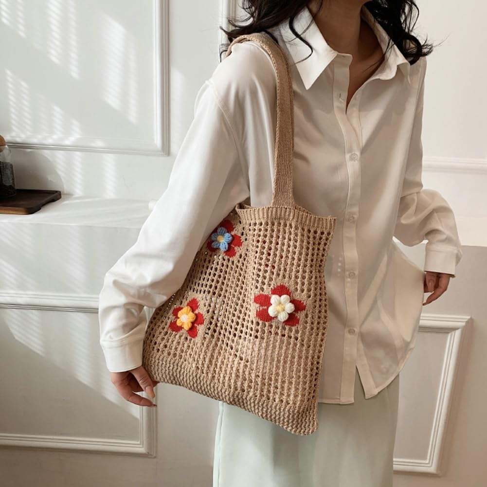 Kukuzhu Women Handmade Crochet Tote Bag Y2k Purse Cute Aesthetic Shoulder Bag Knitted Hobo Bag Mesh Beach Bag