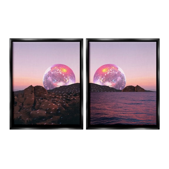 Stupell Industries Surreal Disco Ball Landscape Landscape Painting Black Floater Framed Canvas Art Print Wall Art, 17 x 21, Set of 2