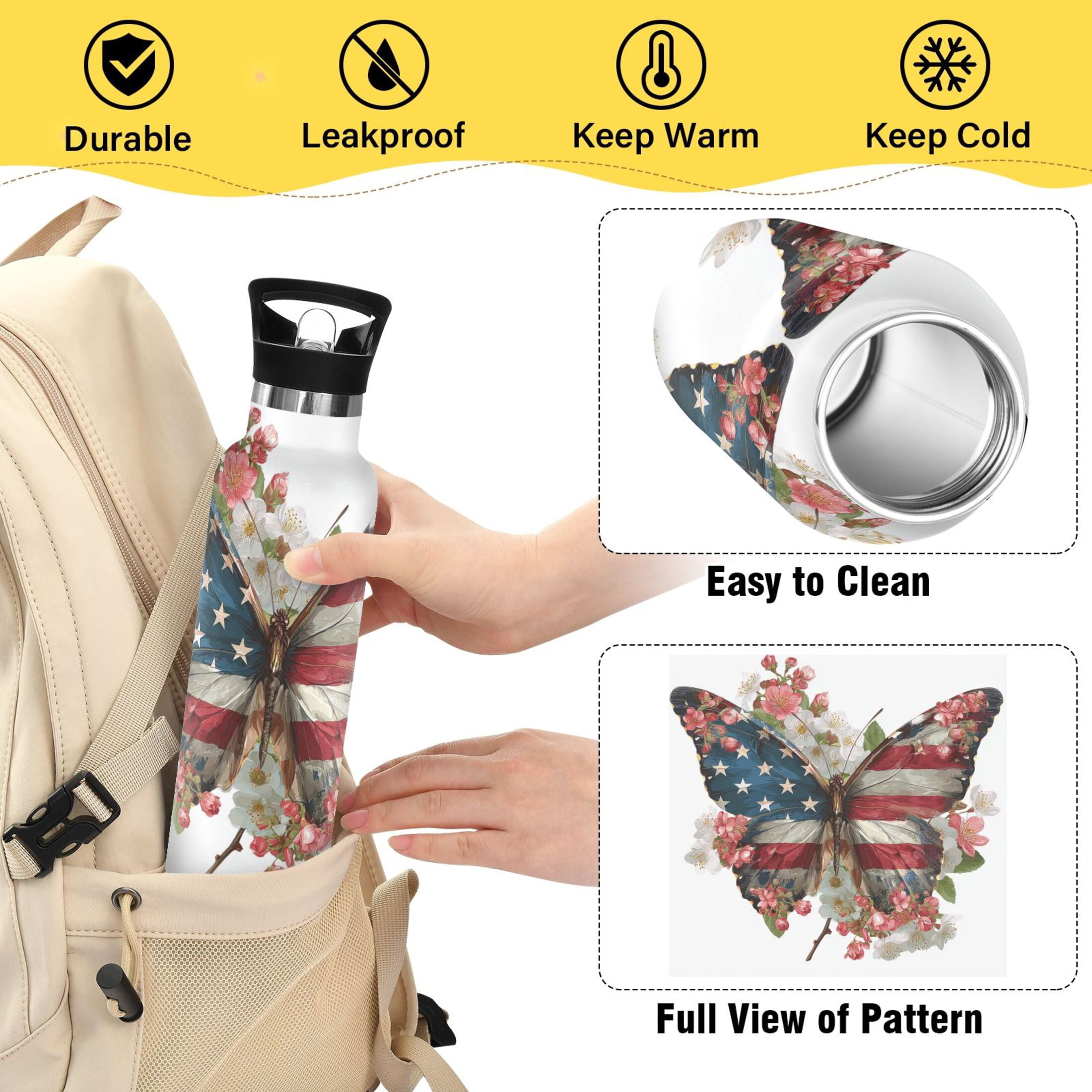 Kids Insulated Stainless Steel Sports Water Bottle 600ml (20oz) Butterfly with Flag Pattern