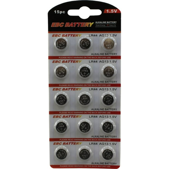 15 Pack LR44 AG13 Battery - EBC Premium Alkaline 1.5 Volt Non Rechargeable Round Button Cell Batteries for Watches Clocks Remotes Games Controllers Toys & Electronic Devices - 2022 Exp Date