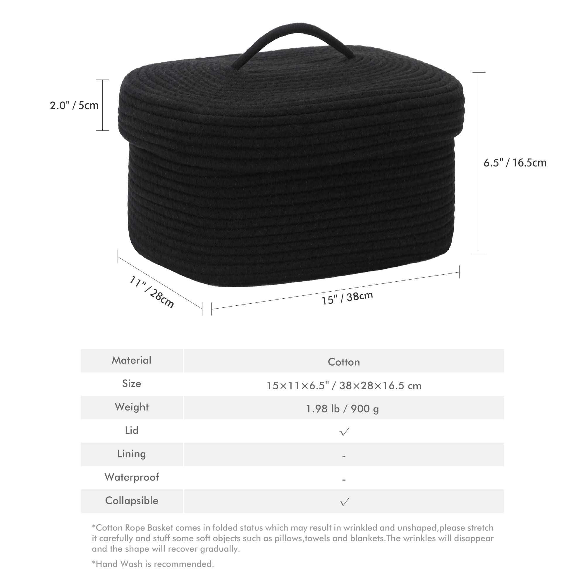 Sea Team Oval Cotton Rope Storage Basket with Lid, Lidded Woven Storage Bin, Nursery Storage Container, Diaper Caddy, Baby Shower Basket, Box, Organizer, 15 x 11 x 6.5 Inches, Black