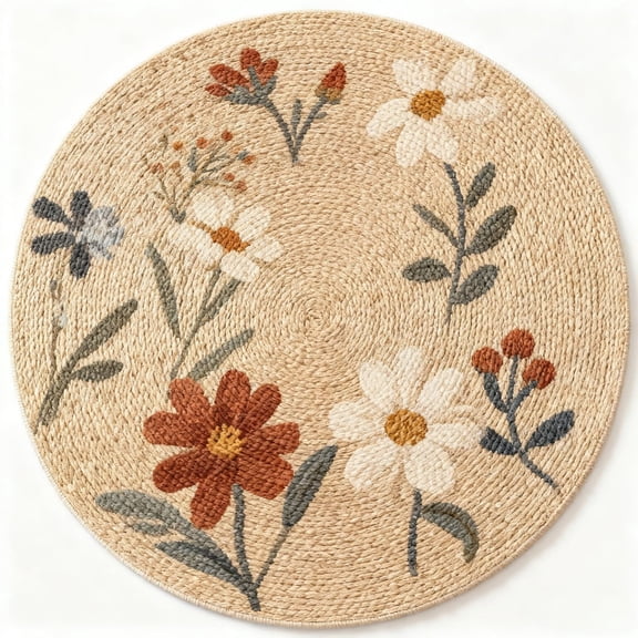 60cm Round Boho Floral Woven Rug, Handmade Jute-Look Mat for Bedroom & Living Room