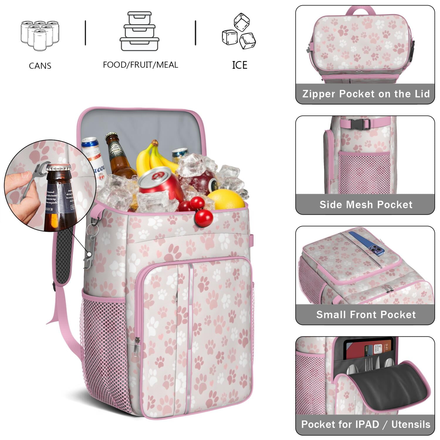 Travel Cooler Bag - Pink Dog Paw Camping Beer Cooler Backpack with Bottle Opener- Waterproof Insulated Picnic Backpacks - Cooler Bag for Beach