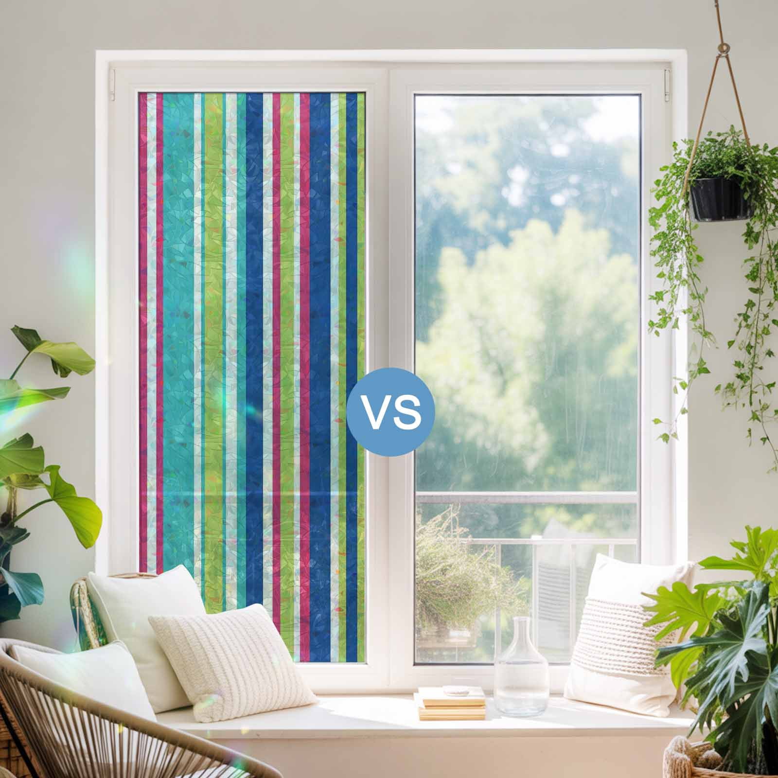 Blue Green Striped Window Privacy Film Stain Glass,Reusable Decorative Rainbow Window Film,Geometric Abstract Art Aesthetic Static Cling Sun Blocking Stickers Decals Covers 35.4" x 78.7" (3pcs)