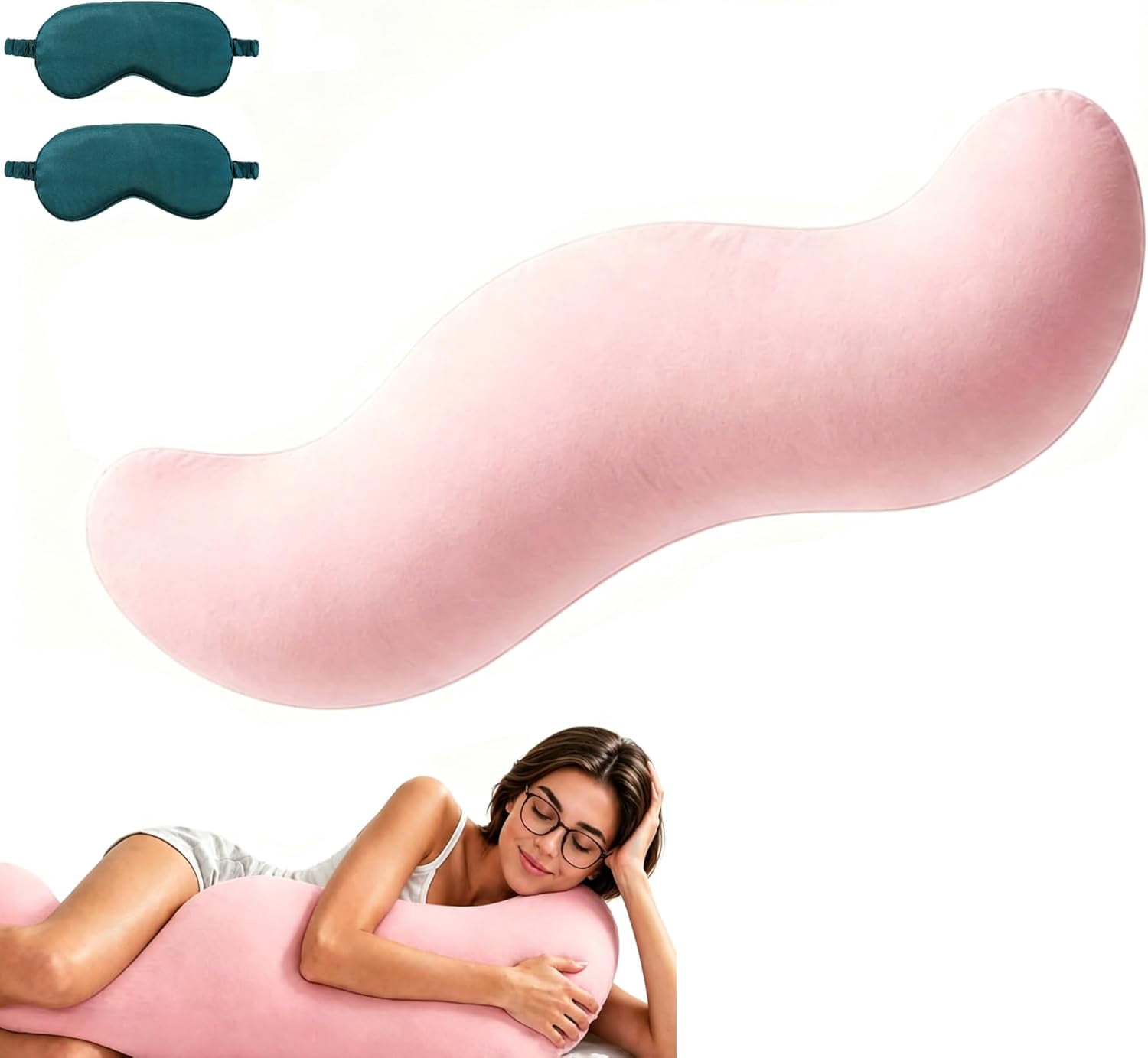 Pea Pod Body Pillow for Side Sleeper, Double Curve Design for Hip & Leg Support, Long Bolster Hug Pillow with Cooling Fabric, for Adults (Blue, 80cm/32in)