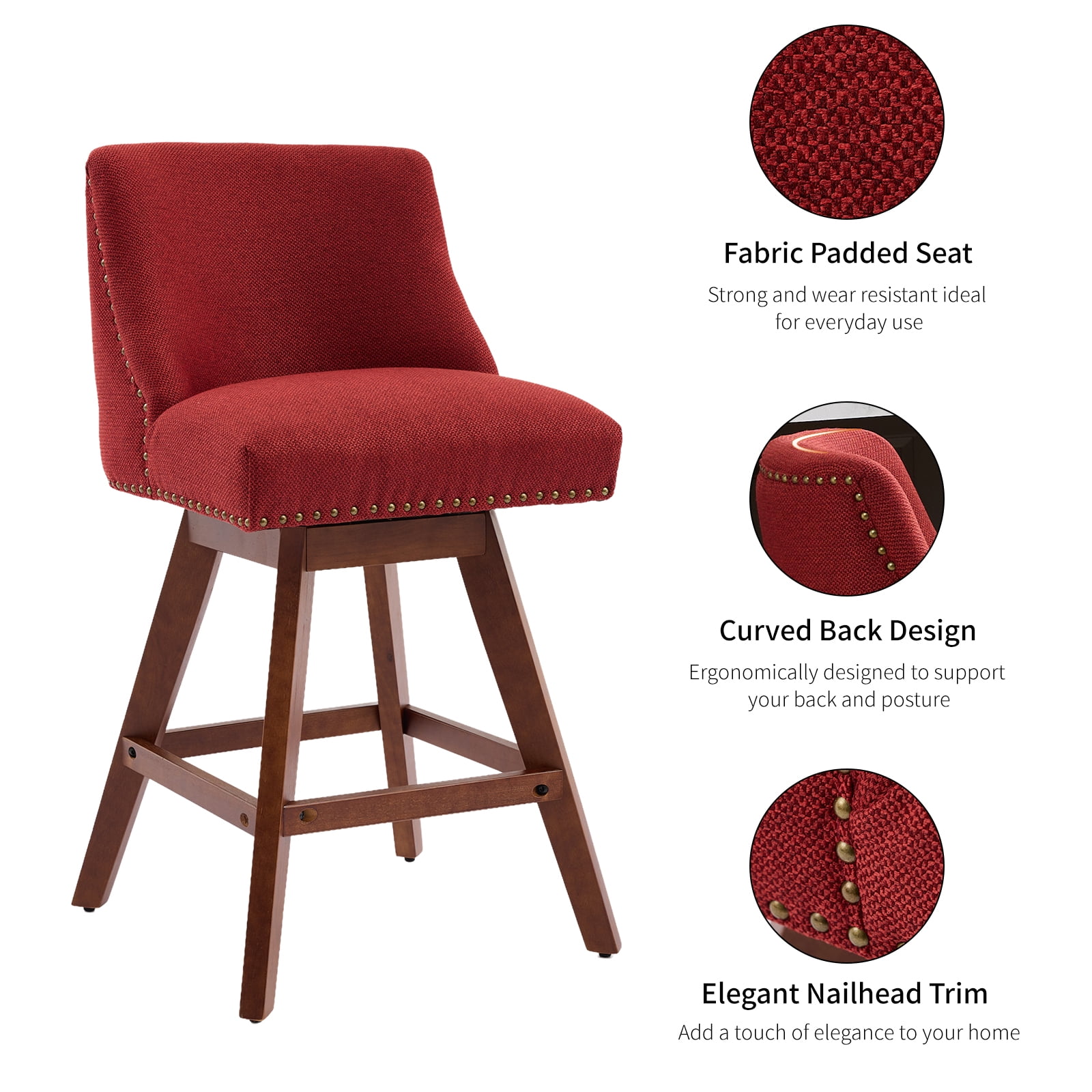 Modern Swivel Bar Stools Set of 6, Wine Red Counter Height Bar Stools with Back for Kitchen Island, Fabric Upholstered Island Chairs with Wood Legs, Barstool Chairs, Sillas para Barra de Cocina