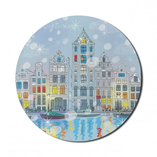 Christmas Mouse Pad for Computers, Noel Time at Amsterdam Canal with Historical Famous Buildings North Europe Design, Round Non-Slip Thick Rubber Modern Mousepad, 8" Round, Multicolor, by Ambesonne