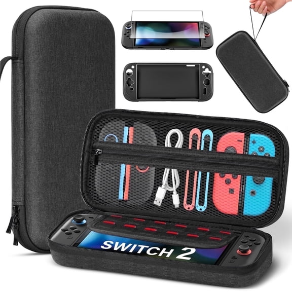 Switch 2 Accessories Bundle ,Switch protective case, 1 Black protective case & 1 high-definition screen protector & 12 game card slot & 1 Grip——Black