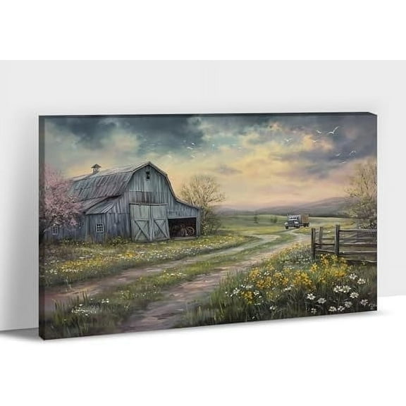 Farmhouse Wall Art, Vintage Barn and White Daisy Picture Canvas Wall Art, Country Old Truck Canvas Prints, Vibrant Spring Country Pictures for Farmhouse Living Room, Bedroom Wall Decor 12x18 Inches
