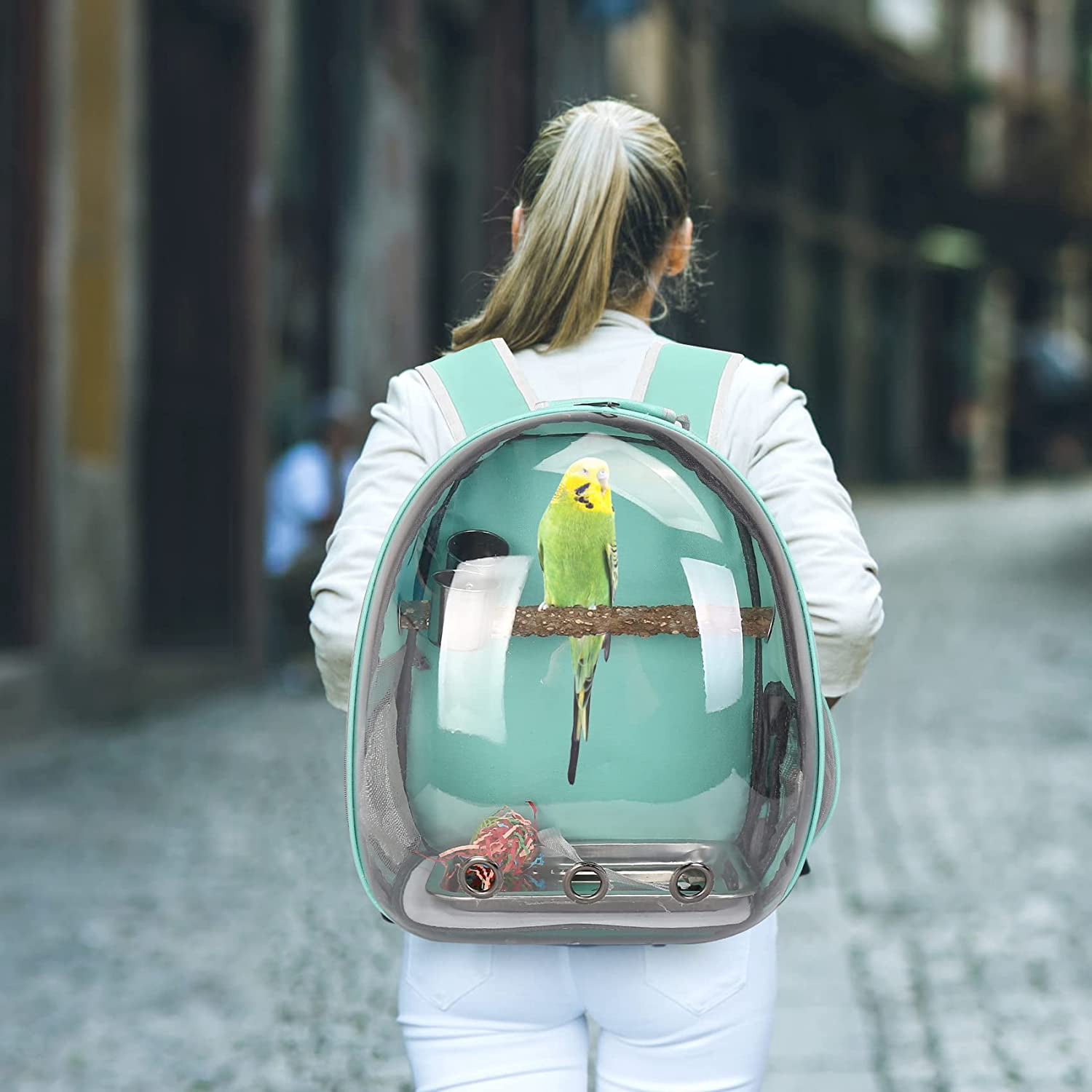 Bird Backpack, Bird Carrier Travel Cage with Perch, Portable Wildbird Carrier Bag, Parrot Parakeet Cockatiel Cage w/Toy Stainless Steel Food Bowl Tray for Conures Budgie Canary Lovebirds Small Animal