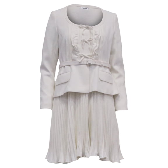 Pre-Owned Self-Portrait Pleated Crepe Belted Peplum Midi Dress in White Polyester