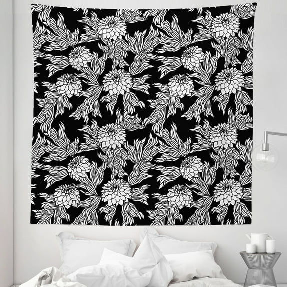 Aster Tapestry, Retro Composition of Spring Blooms with Foliage Monochrome Countryside Flora, Fabric Wall Hanging Decor for Bedroom Living Room Dorm, 5 Sizes, Black and White, by Ambesonne