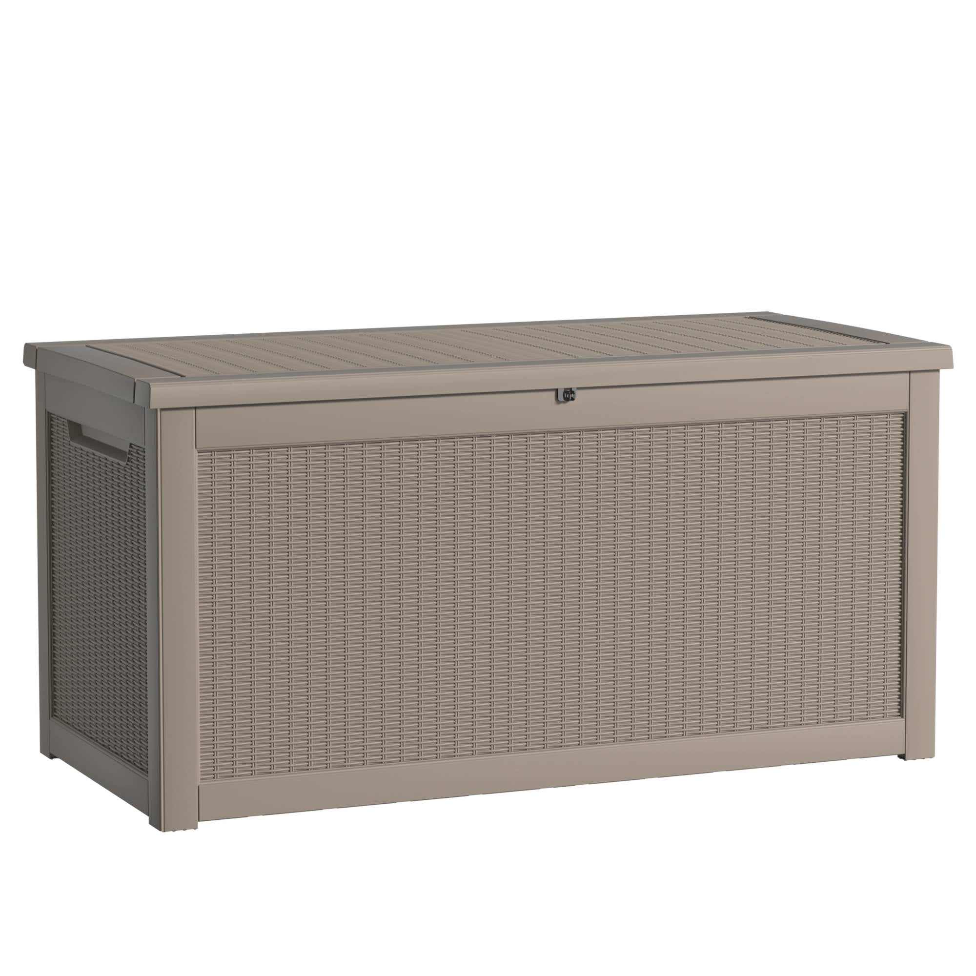 Miniyam 260 Gallon Resin Deck Box, Outdoor Storage Box, Gardening Tools, Lockable, Waterproof, Light Coffee