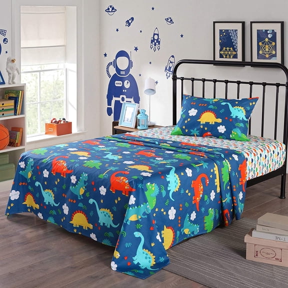 100% Cotton Cozy Dinosaur Bed Sheet Set, Flat Sheet & Fitted Sheet & Pillowcase Natural Bedding Set